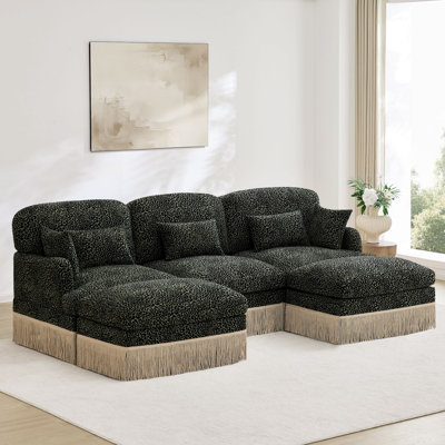 Comfy Chenille Leopard Printing U-Shaped Sofa,Delicate Tassel Edge,Movable Ottomans,Modern Fashion Style,Ergonomic Back And Seat Design,Easy Assembly,Deep Seat Design