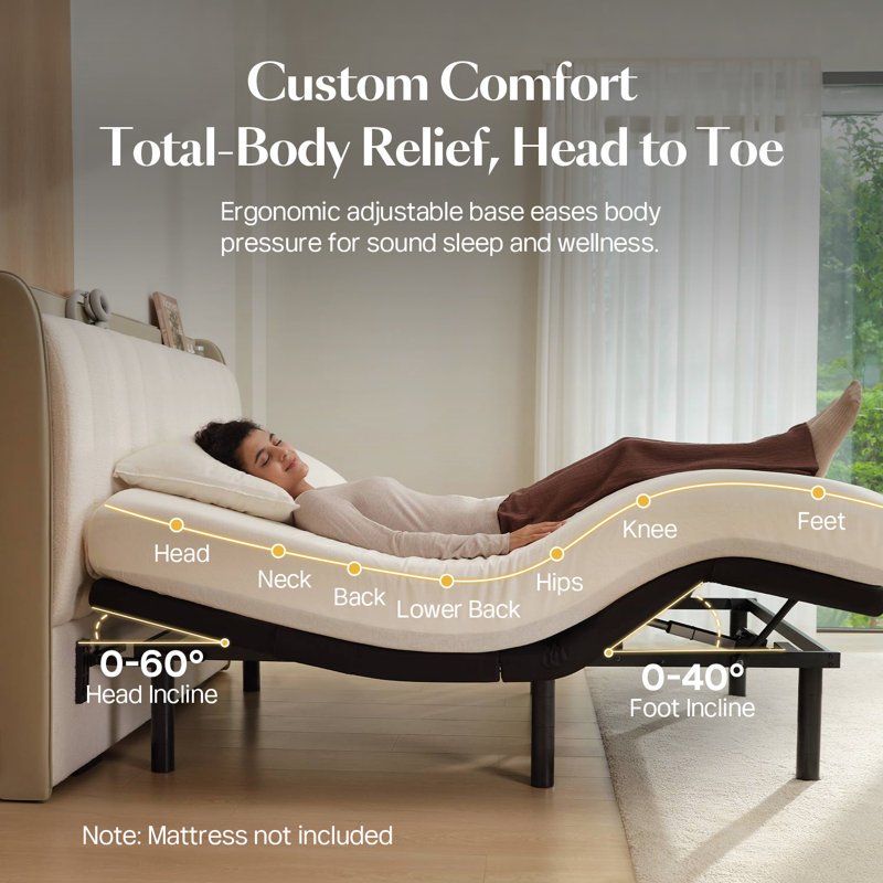 Queen Adjustable Bed Frame, Ergonomic Electric Base with Remote, 2 USB Ports, Head & Foot Incline, Zero Gravity, Anti-Snore, Preset Positions, Nightlight, 4 Height Options, Easy Assembly