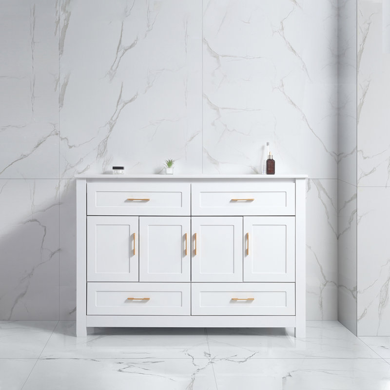 Meuble-lavabo 48 po blanc, armoire de rangement abondante - 4 portes à fermeture douce et 4 tiroirs (à l'exception du lavabo en céramique)