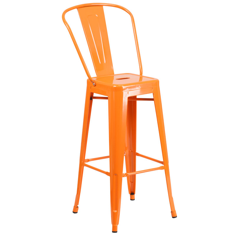 Commercial Grade 23.75" Square Metal Indoor-Outdoor Bar Table Set with 2 Stools with Backs, Orange