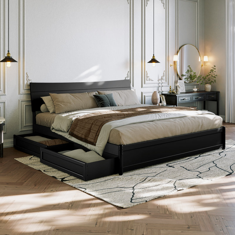 Harlowe Wood Platform Bed with Storage Drawers, Noir, King