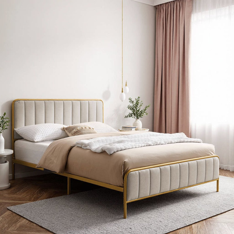 Structure de lit rembourrée avec tête de lit en velours capitonnée | Lit plateforme moderne en tissu doux | Aucun sommier tapissier requis