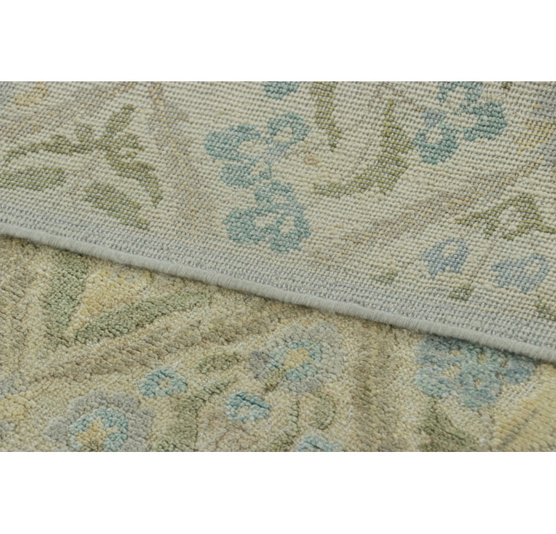 Rug & Kilim’S Block Print Rug With Blue And Green Floral Patterns, Rectangle 13' x 19'