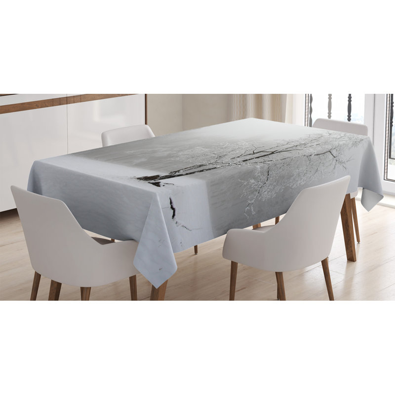 Tree Tablecloth, Winter Landscape Picture With A Tree In Snowy Field And Foggy Forest At The Back, Rectangular Table Cover For Dining Room Kitchen Decor, 52" X 70", White Black