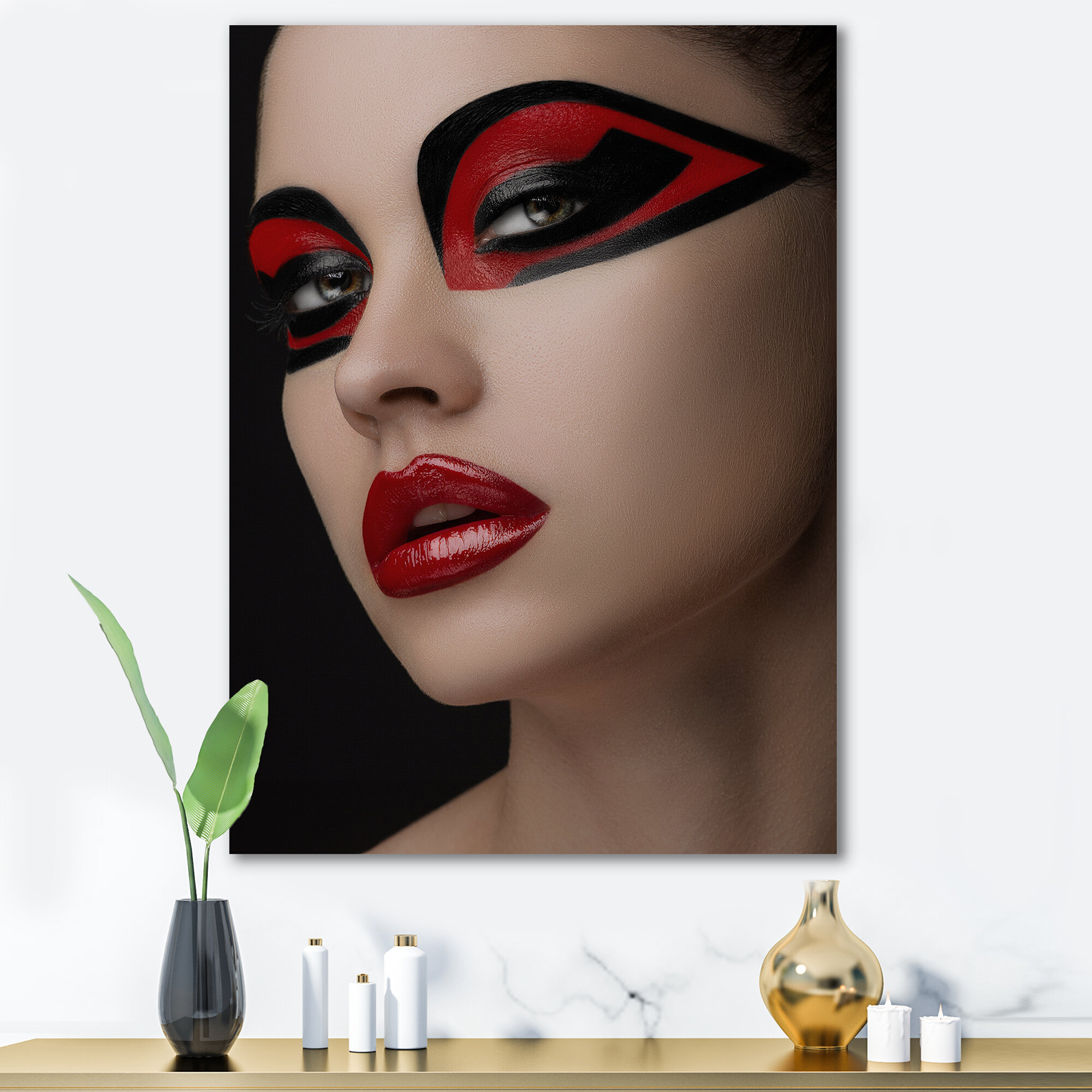 Red Lips Black Makeup on The Eyes of Mask Women - Photograph on Canvas East Urban Home Format: Black Framed Canvas, Size: 20 H x 12 W x 1 D