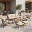 Ensemble de conversation de patio 6 pièces avec détails en bois d'acacia, canapé 3 places, 2 fauteuils, 2 repose-pieds et table basse