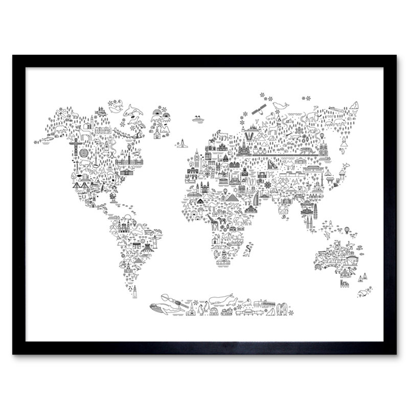 World Travel Landmark Line Map Oh the Places You Will Go! Single Picture Frame Wall Art, Black & White