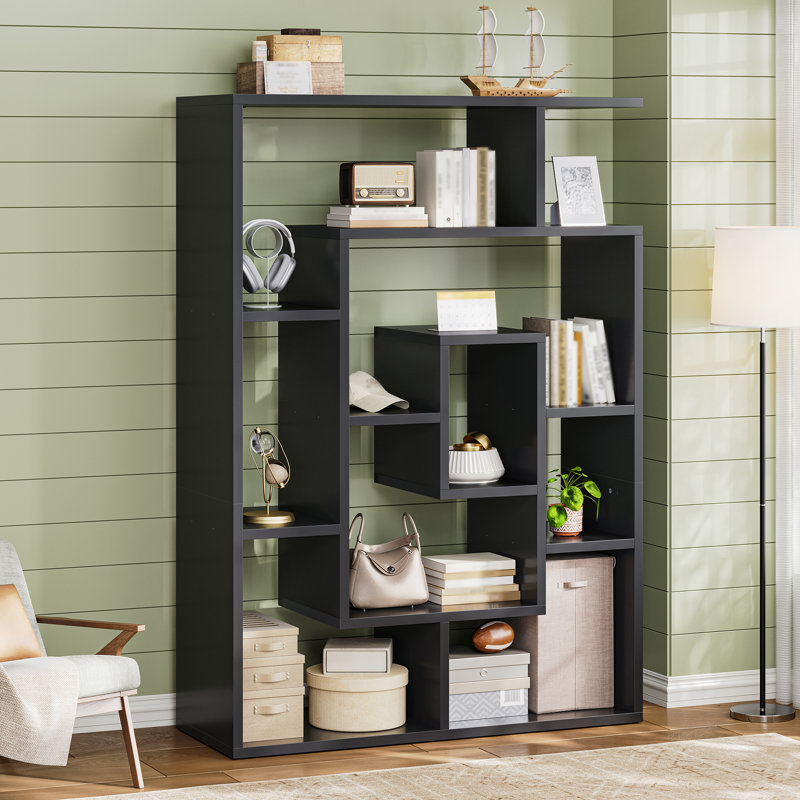 59" H Geometric Bookcase 4 Tier S-Shaped Room Divider Bookshelf, Black