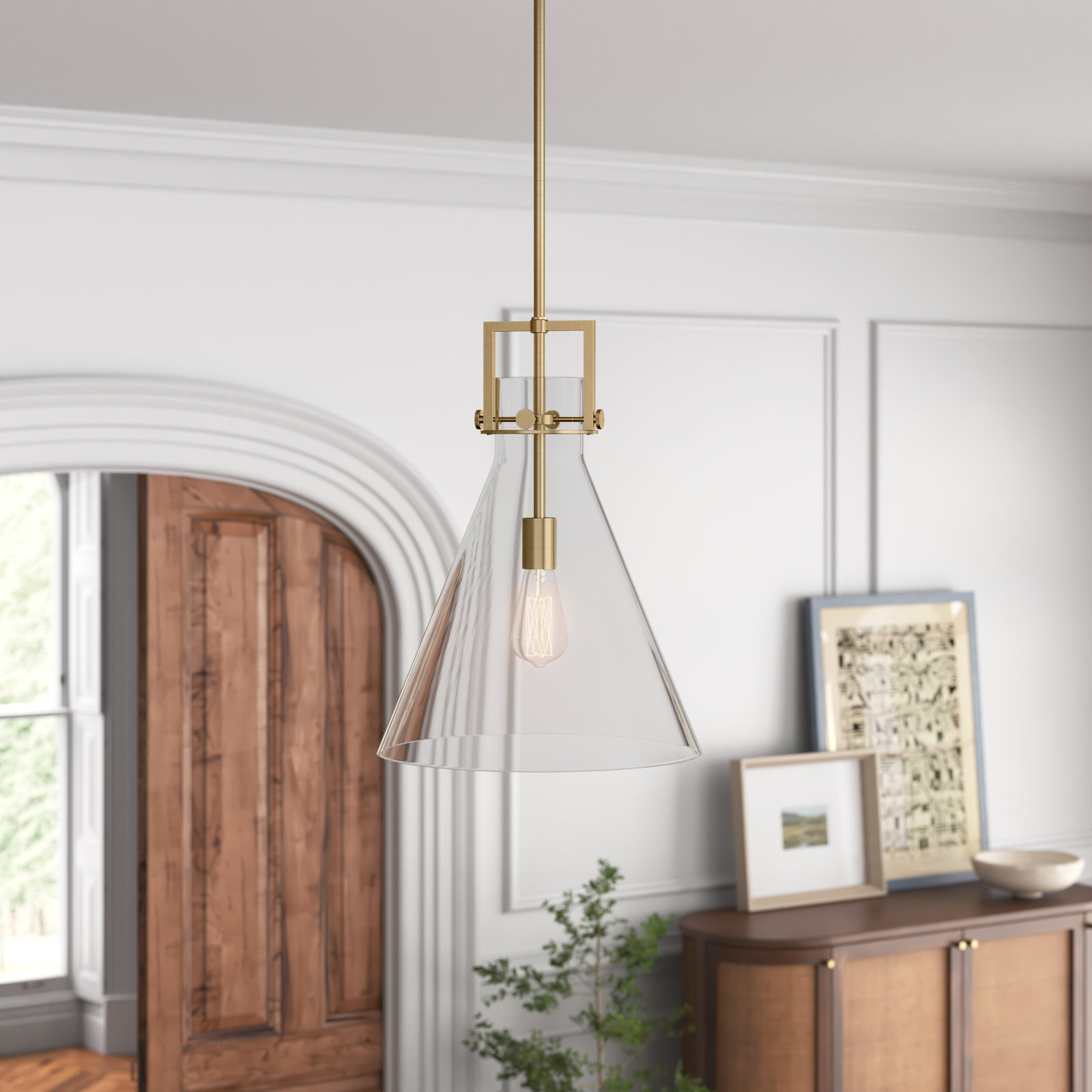Coterie Single Light Glass Dimmable Pendant, Brushed Brass, Clear, 19.13" H x 14" W x 14" D