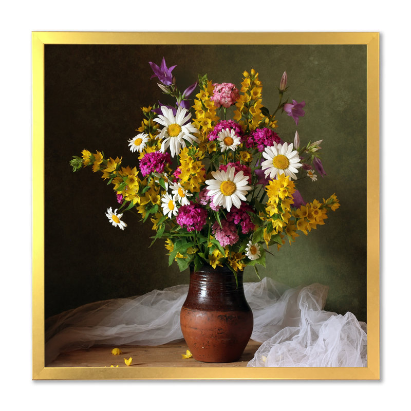 Nature morte bouquet de fleurs d'été - reproduction traditionnelle sur bois, H 36 po x l 36 po x P 1,5 po