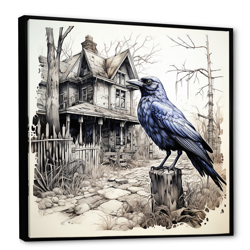 Victorian Haunted Raven Courtyard II - art mural animal corbeau, Cadre flottant noir, H 36 po x l 36 po
