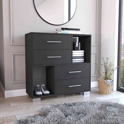 Commode, deux tablettes ouvertes, quatre tiroirs