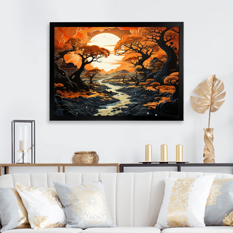 Glorieuse pleine lune au-dessus d'une rivière dans les bois - reproduction, H 34 po x l 44 po x P 1,5 po, Cadre simple noir