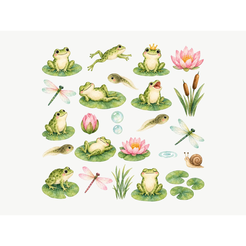 Frog Pond Wall Decals, Set of 27 Peel and Stick Nursery Wall Stickers, Satin Finish Removable Kids Room Wall Art, 20"W x 20"H (50 x 50 cm)