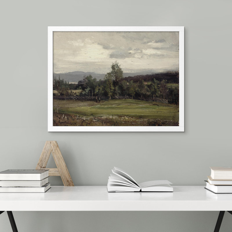 «Country Field Green Forest Cloudy Sky» sur papier, H 12 po x l 16 po, Blanc