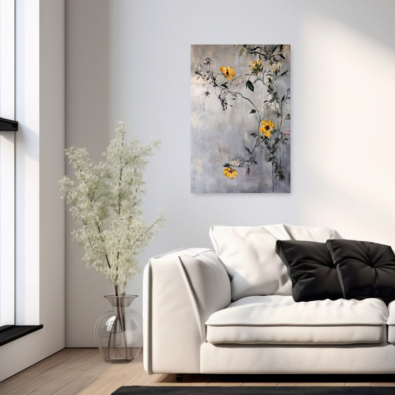 Fleurs jaunes traînantes, art floral rustique délicat, nature, 36" H x 24" W