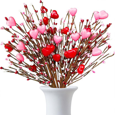 Cueillette de baies en forme de cœur de 17 pouces, 6 branches artificielles de rameaux de tiges de baies rouges avec cœur rose rouge, bouquets de fleurs d'anniversaire de la Saint-Valentin, décoration de mariage à la maison, rose rouge