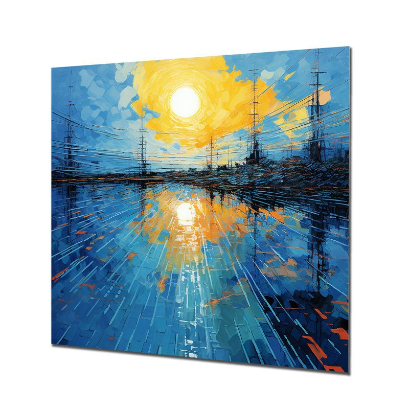 Panneaux solaires abstraits bleus et jaunes III - Panneaux solaires, art mural en métal, H 16 po x l 16 po