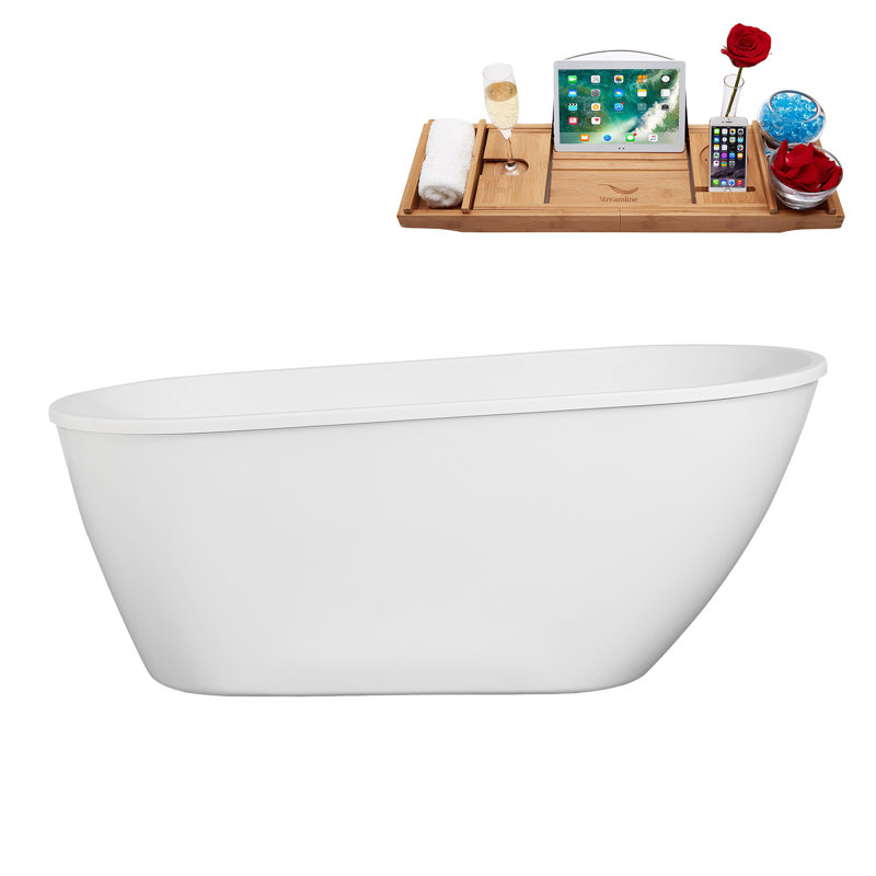 61" Streamline Soaking Freestanding Tub and Tray With Internal Drain, Brushed Brass