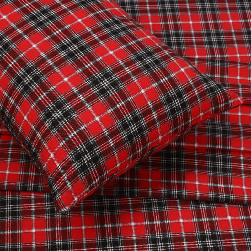 Queen Red Plaid Cotton Flannel Deep Pocket Sheet Set