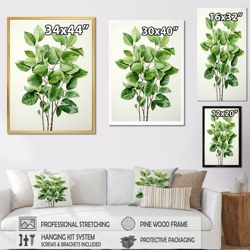 «Green Elegance Leaves» sur toile, H 40 po x l 30 po x P 1,5 po, Cadre simple argenté