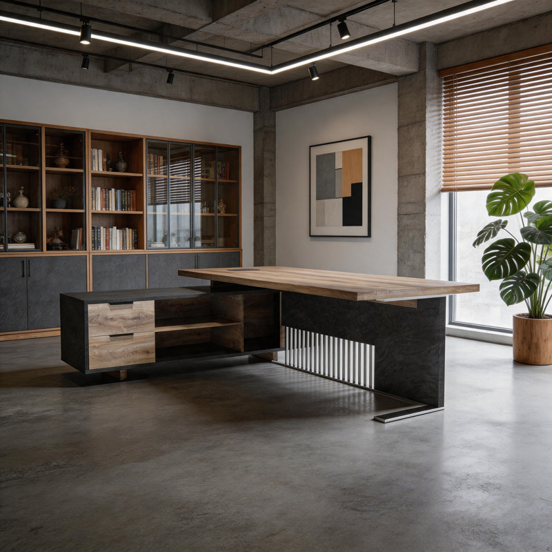 Bureau de direction rustique industriel PDG, table de bossage en L de luxe avec grille en acier inoxydable, bureau de travail surdimensionné de 70,8 po / 78,8 po