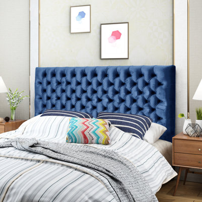 Tête de lit à boutons avec surpiqûres en velours bleu marine, lit grand, réglable, attrayant pour chambre à coucher moderne avec housse en velours, couture, réglable pour la décoration