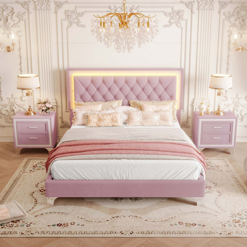 Ensemble de chambre à coucher 3 pièces avec lumières DEL, Rose