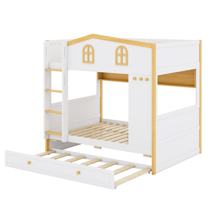 Lit superposé robuste avec barrière de sécurité de style maison, tablettes de rangement et lit gigogne supplémentaire