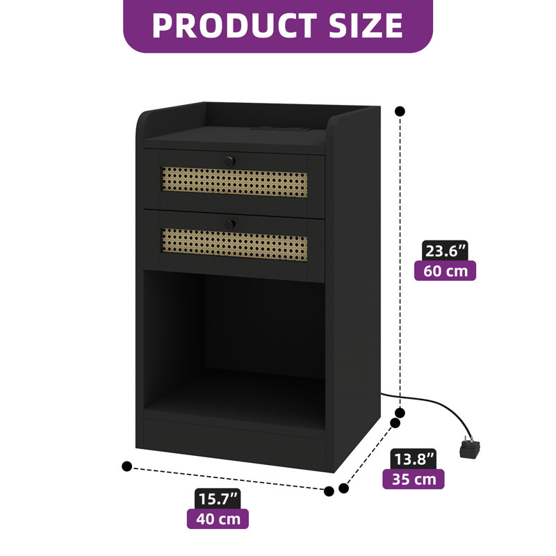  Tables de chevet Boho l 15,7 po | 2 tiroirs et prises USB / CA (ensemble de 2), Noir