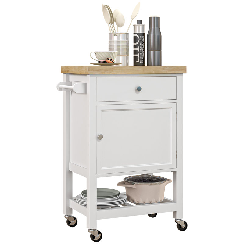Utility Kitchen Cart, Rolling Kitchen Island With Smooth Rubberwood Top, Narrow Butcher Block Surface On Wheels, White