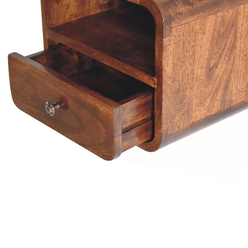 Mini table de chevet murale extra châtaignier courbée extra, fente ouverte, 1 tiroir, Brun