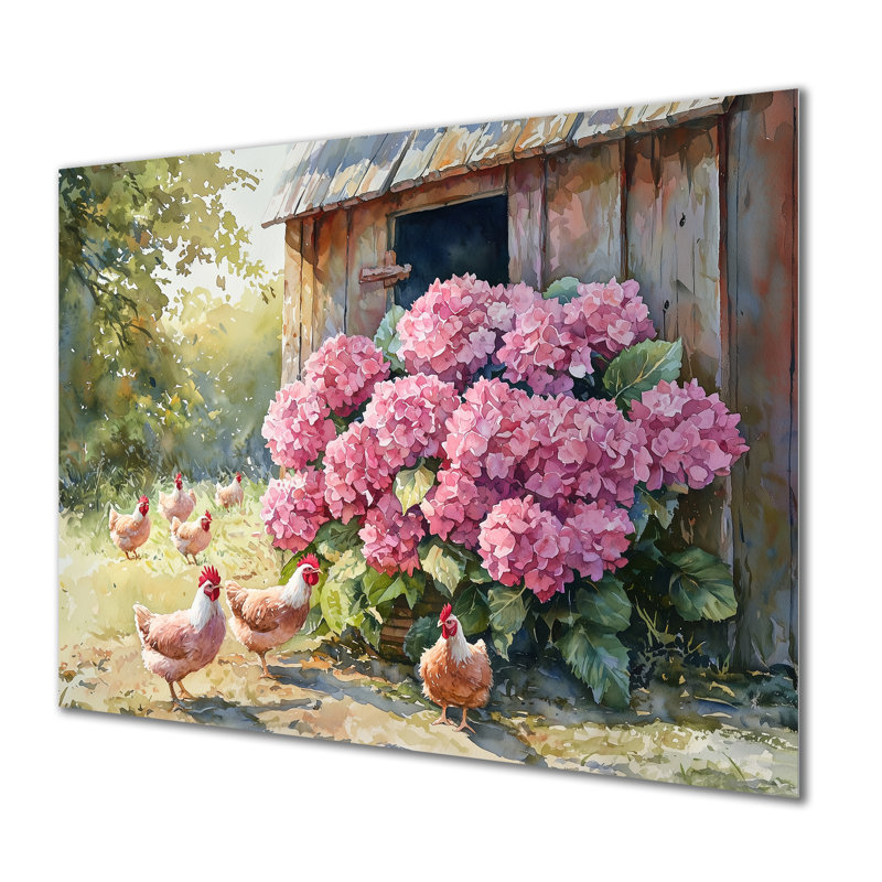 Hortensias par le poulailler I - hydrangées, impression sur métal, H 30 po x l 40 po