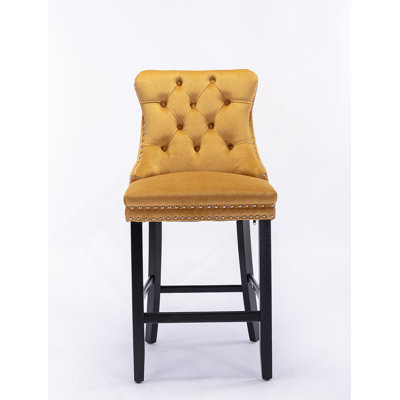 Contemporary Velvet Upholstered Barstools With Button Tufted Decoration And Wooden Legs