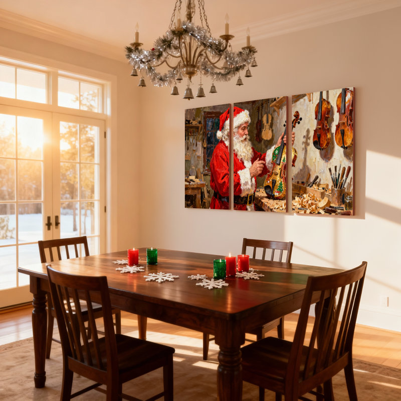 Père Noël de Noël fabriquant un violon dans un atelier, ensemble de 3 impressions sur toile, H 30 po x l 60 po