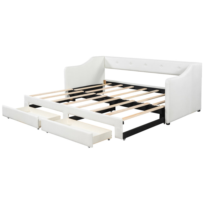 Beige, lit de jour rembourré, très grand lit simple, tiroirs de rangement, excellente expérience d'assise, lattes en bois pour matelas extensibles, rembourré, dossier et support de soutien ergonomique très grand, tissu doux