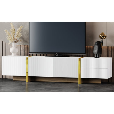 Luxury Fluted TV Stand, Storage Cabinets & Drawers, Golden Wood Grain Legs, White