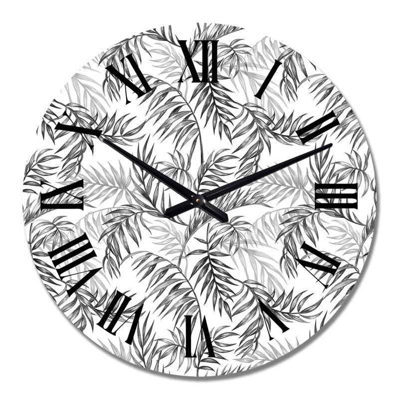 Horloge murale à motif de feuilles de palmier noires et blanches sur fond blanc, Moyen