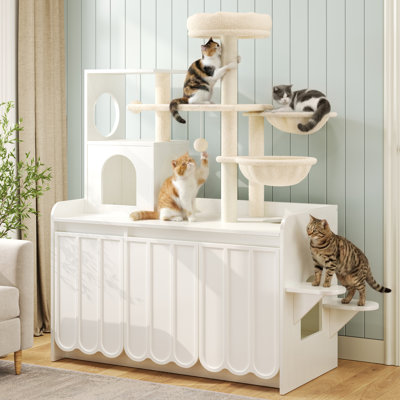 Arbre à chat tout-en-un avec bac à litière dissimulé, tour à chat moderne avec poteaux à griffer en sisal, niche, hamac, perchoir et meuble de rangement, mobilier multiniveaux pour chats d'intérieur, blanc