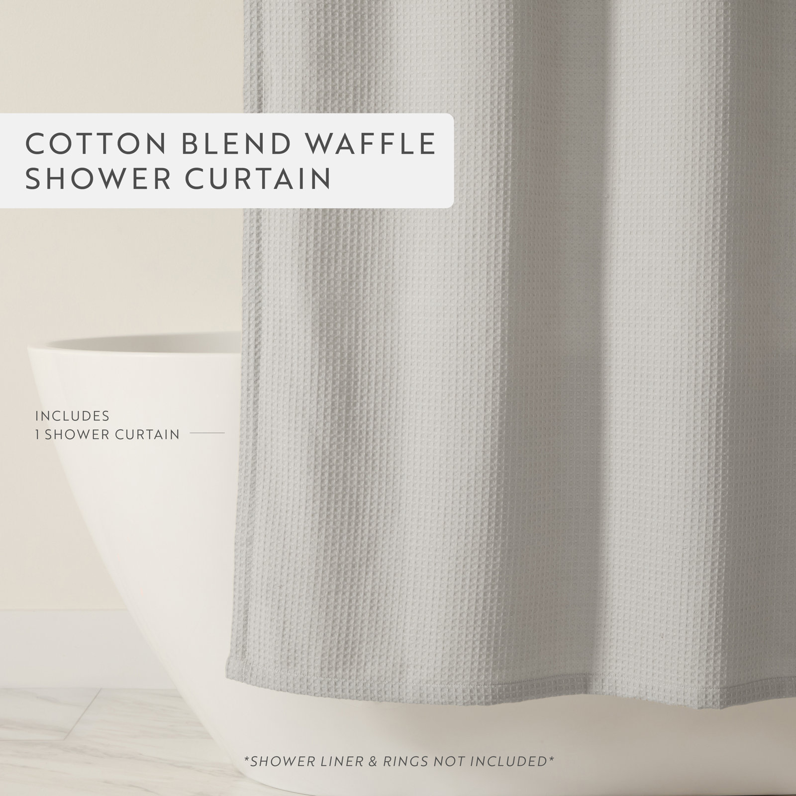 Waffle Textured Cotton Blend Shower Curtain, Gray