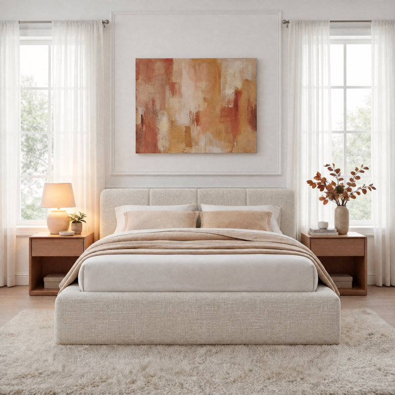 Luxurious Cloud Soft Compressed Upholstered Platform Bed, Queen, Cream Oatmeal