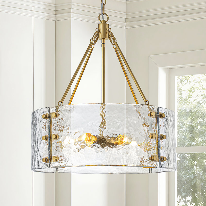 5-light Dimmable Drum Chandeliers With Textured Glass , Gold