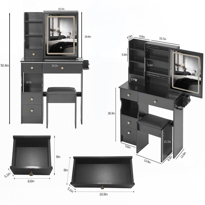 Petit bureau de coiffeuse avec miroir DEL et centrale électrique intégrée, Noir