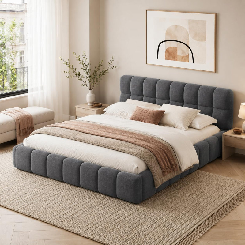 Upholstered Double Bed with Unique Mattress Design, Kingsize (5'), Grey