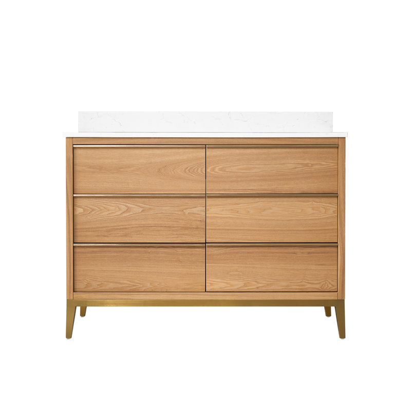 35'' H X 48'' W Solid Wood Bath Vanity with Stain-resistant Carrera White Quartz Top and Single Sink, Light Oak