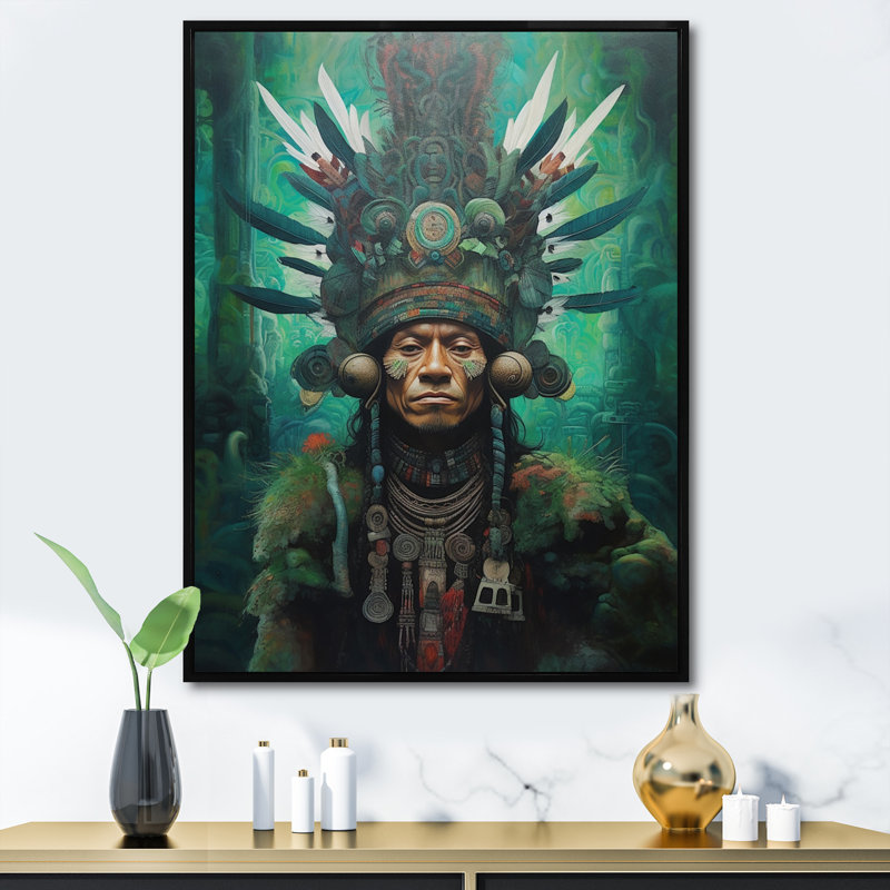 Indigène chaman Amazon Feather coiffe sur toile, H 32 po x l 24 po x P 1 po, Cadre flottant noir
