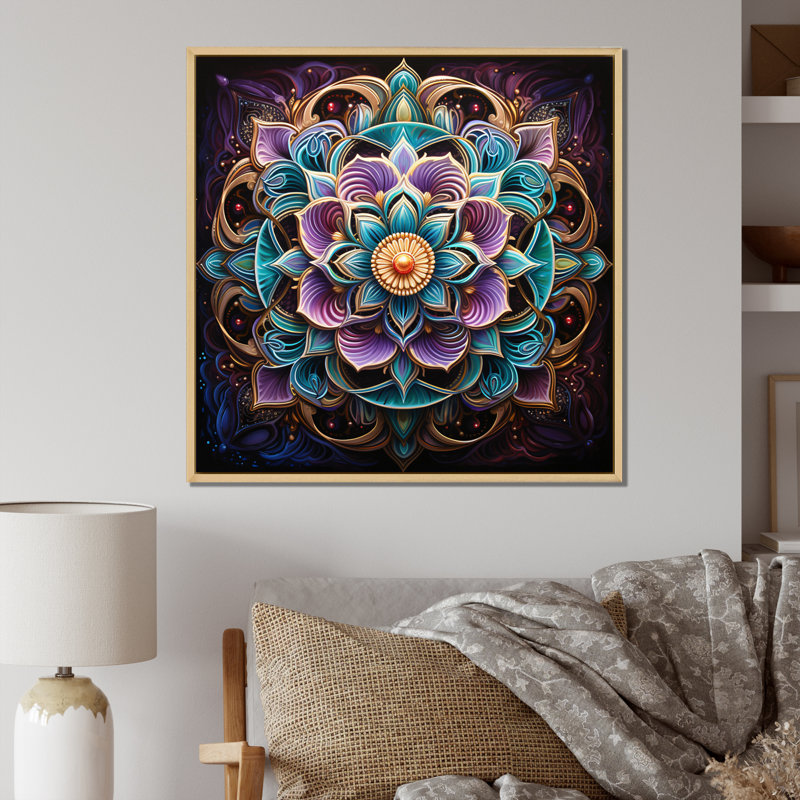 Ancien mandala magique coloré sur toile, H 36 po x l 36 po, Encadrement doré