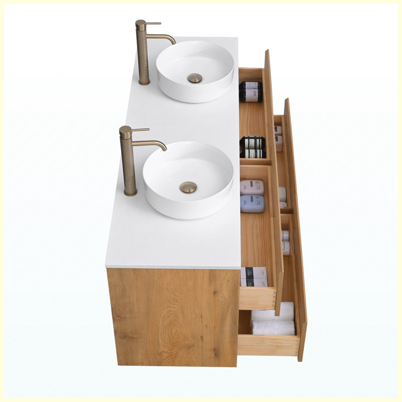 Ensemble de meuble-lavabo mural 60 po avec lavabo vasque circulaire et tiroirs de rangement 60 po
