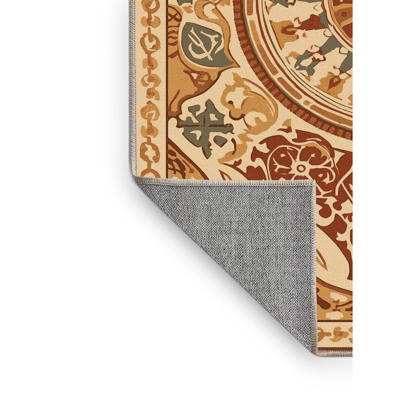 Machine Washable Orlena Bohemian Block Print Rug in Brown – Beige Binding, 7 x 10