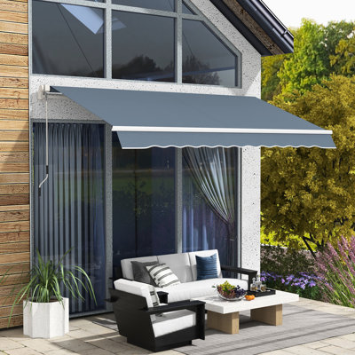 Auvent de patio rétractable 12 'x 10'. Manivelle manuelle et tissu à l'eau. Cadre en aluminium pour différentes surfaces et environnements. Gris anthracite - avec manivelle silencieuse, balcon, cour,
